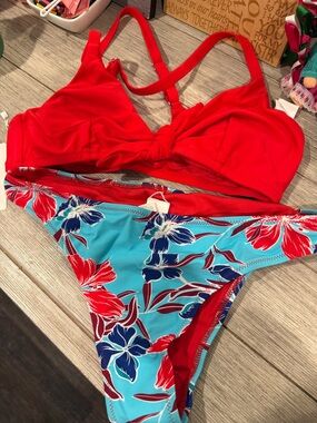 Cupshe Red Top with Turquoise Floral Bikini Bottom